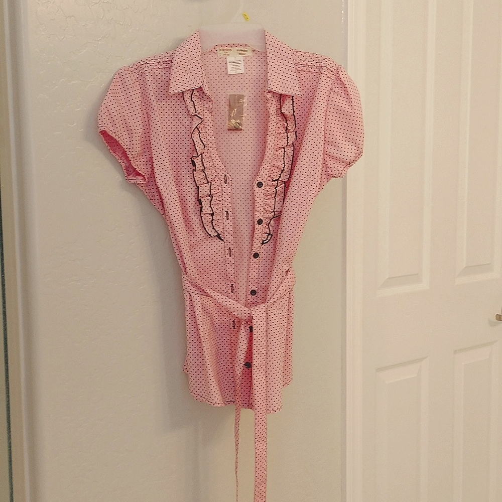 Women's pink and black polka dot blouse